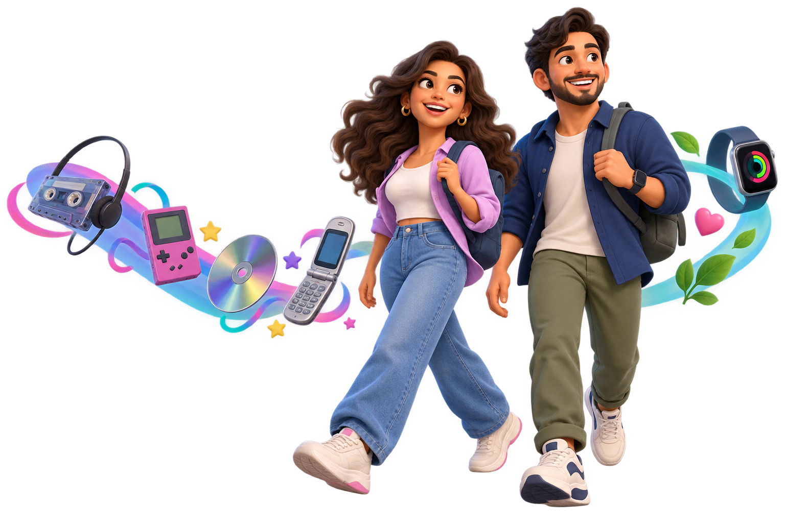 Personas Millennials en 3D caminando entre recuerdos de los años noventa y tecnología actual