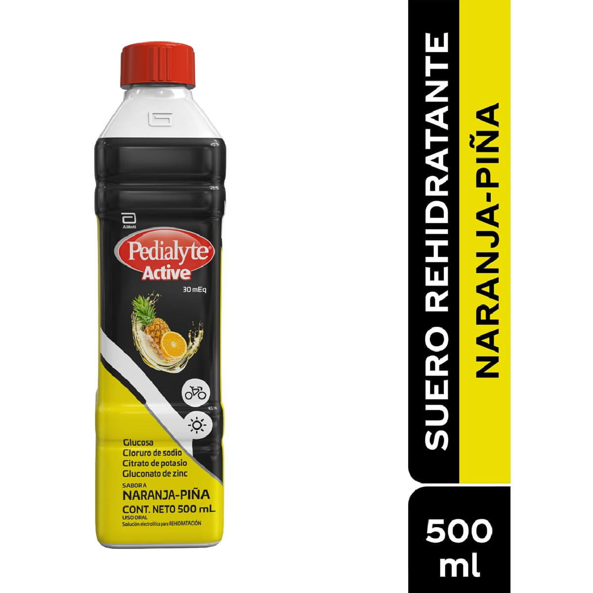 Pedialyte Active 30 mEq Naranja-Piña, botella de 500 mL