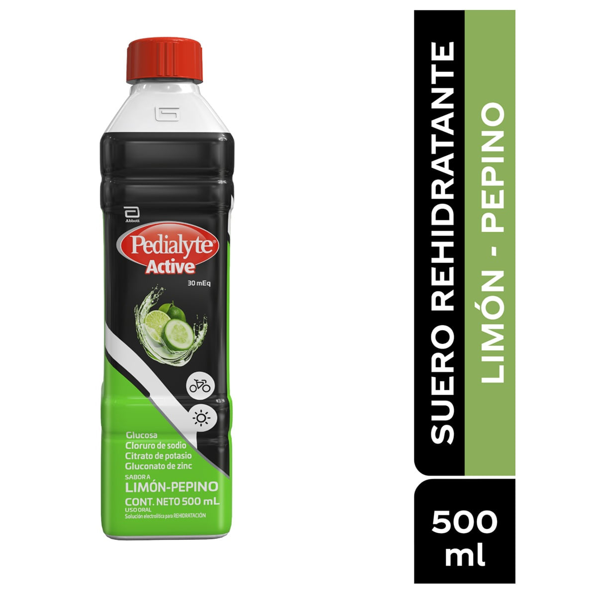 Pedialyte Active 30 mEq Limón-Pepino, botella de 500 mL